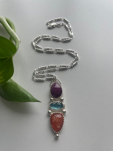 Ruby, Aquamarine & Sunstone Pendant in Silver