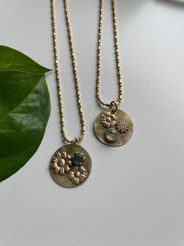 Round Floral Brass Necklace with Gemstone