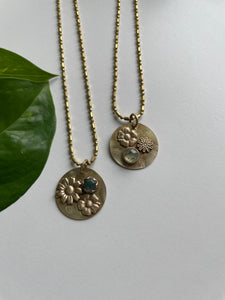Round Floral Brass Necklace with Gemstone