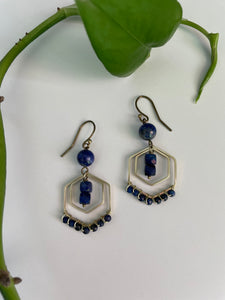 Lapis Lazuli Beaded Brass Hexagon Earrings